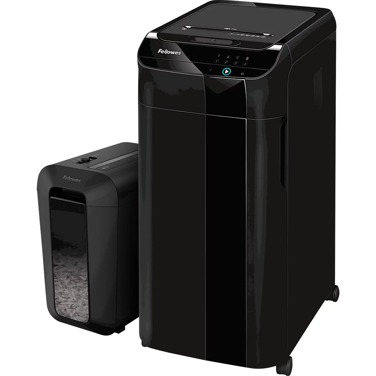 Zwei schwarze Aktenvernichter, einer klein und einer groß, stehen nebeneinander. Der Große hat Rollen.