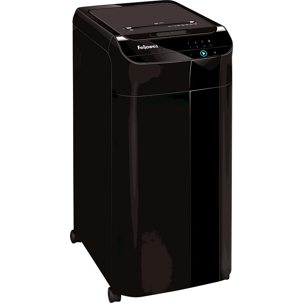 Fellowes Aktenvernichter AutoMax 450C, Vollautomatik, Partikelschnitt 4 x 38 mm, P-4, 68 l, 450 Blatt Schnittleistung, mobil, schwarz
