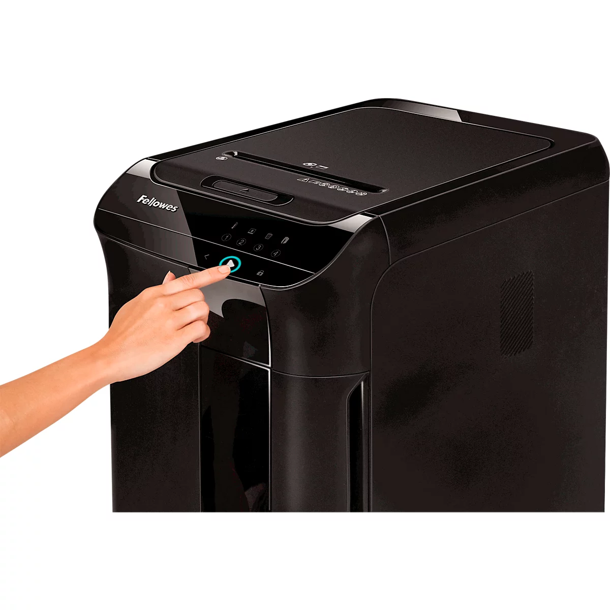 Fellowes Aktenvernichter AutoMax 450C, Vollautomatik, Partikelschnitt 4 x 38 mm, P-4, 68 l, 450 Blatt Schnittleistung, mobil, schwarz
