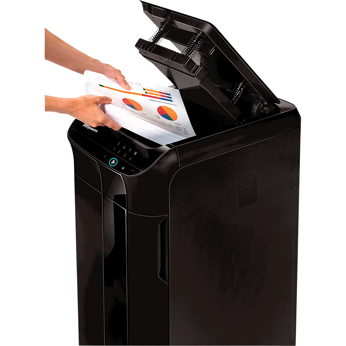 Fellowes Aktenvernichter AutoMax 450C, Vollautomatik, Partikelschnitt 4 x 38 mm, P-4, 68 l, 450 Blatt Schnittleistung, mobil, schwarz