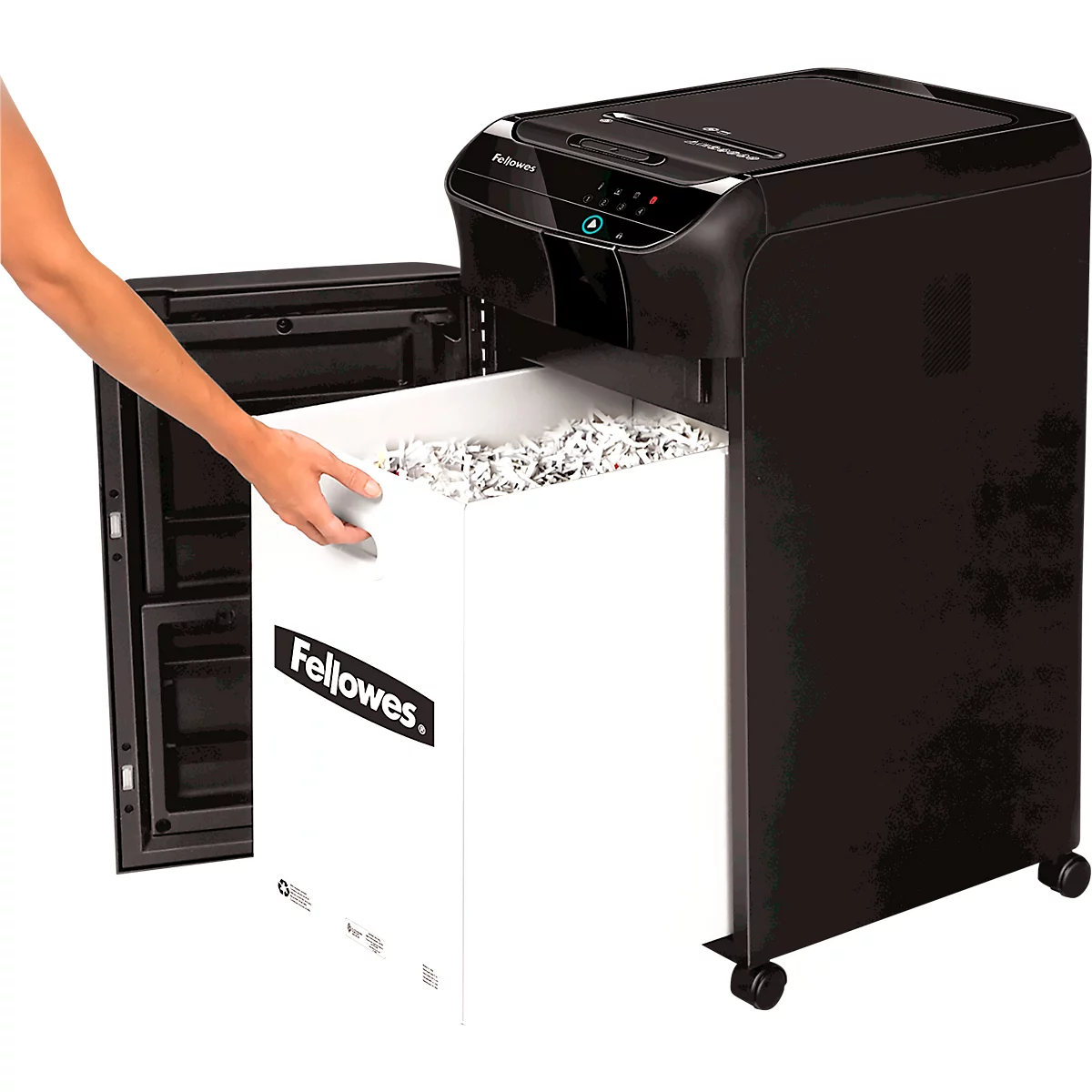 Fellowes Aktenvernichter AutoMax 450C, Vollautomatik, Partikelschnitt 4 x 38 mm, P-4, 68 l, 450 Blatt Schnittleistung, mobil, schwarz