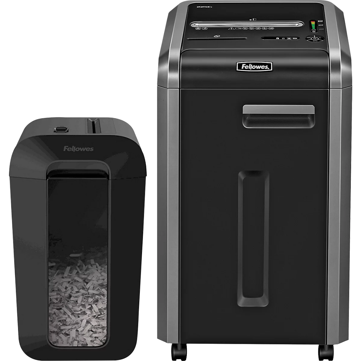 Zwei Aktenvernichter, schwarz, nebeneinander. Links ein kompakterer, rechts ein größerer mit Rollen. Beide haben das Fellowes Logo.