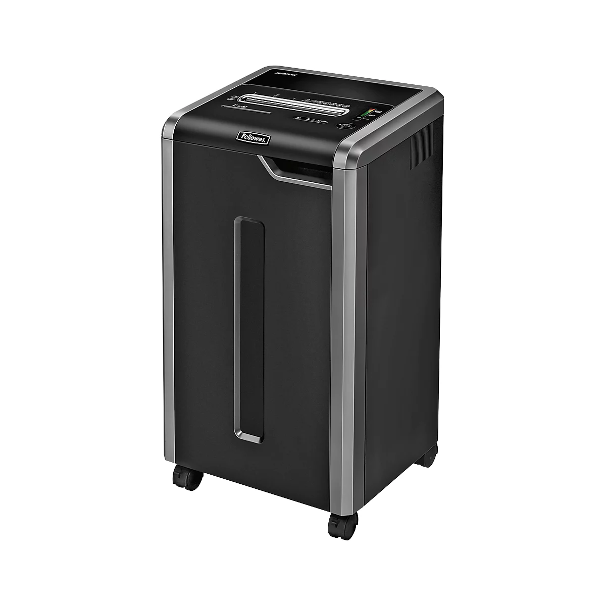 Schwarzer Aktenvernichter, auf Rollen. Silberne Akzente. Marke Fellowes. Papiereinzug oben.