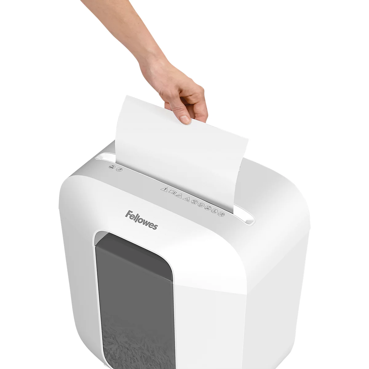 Fellowes Aktenvernichter Powershred® LX25, Partikelschnitt 4 x 37 mm, P-4, 11,5 l, 6 Blatt Schnittleistung, weiß