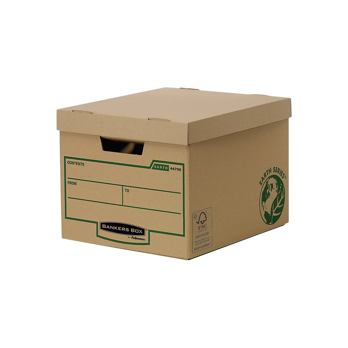 Brown archive box with lid, green lettering and logos. 'Earth Series' is written on the top.