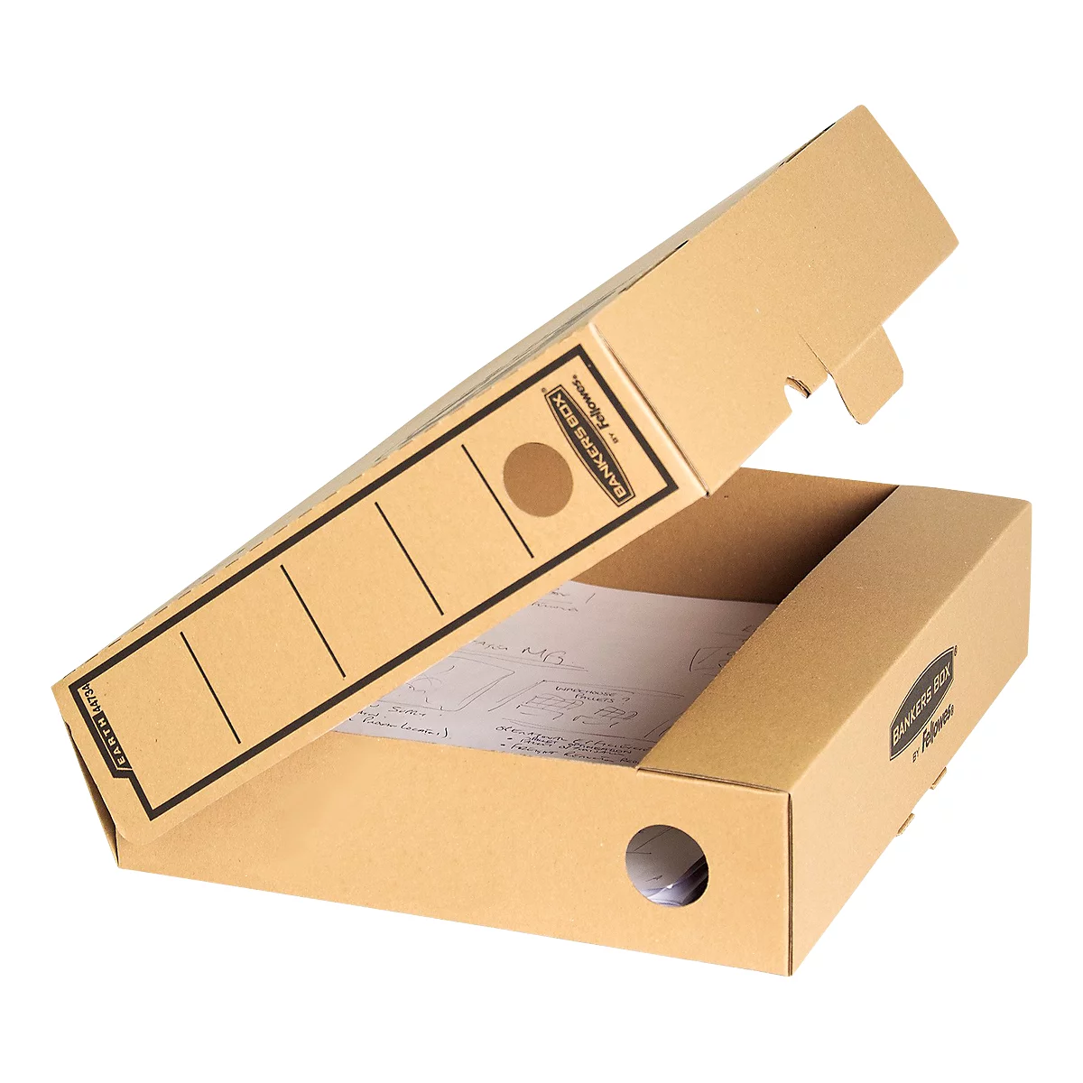 Open cardboard archive box with documents inside. Lid partially open, with circles used as handle holes.
