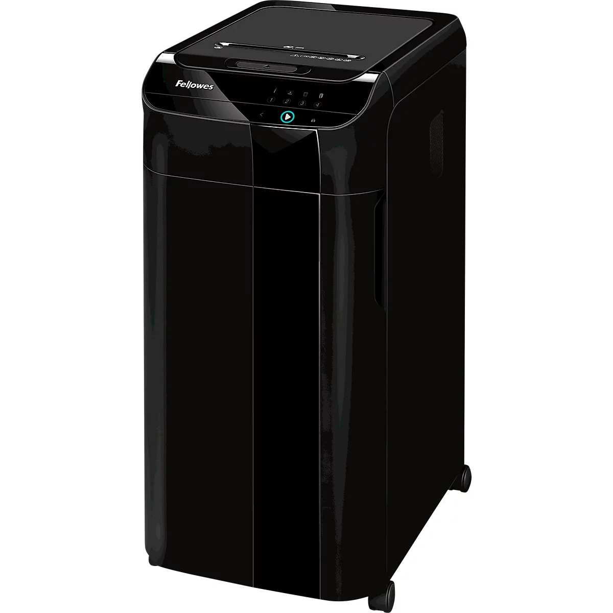 Black Fellowes paper shredder. Control panel with buttons visible.
