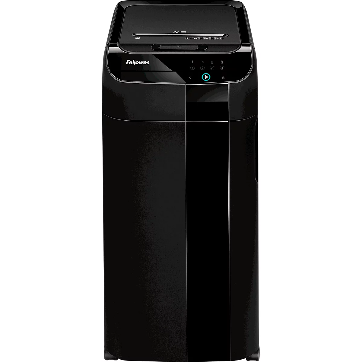 Black Fellowes shredder. Control panel above paper tray with start button. Glossy surface.