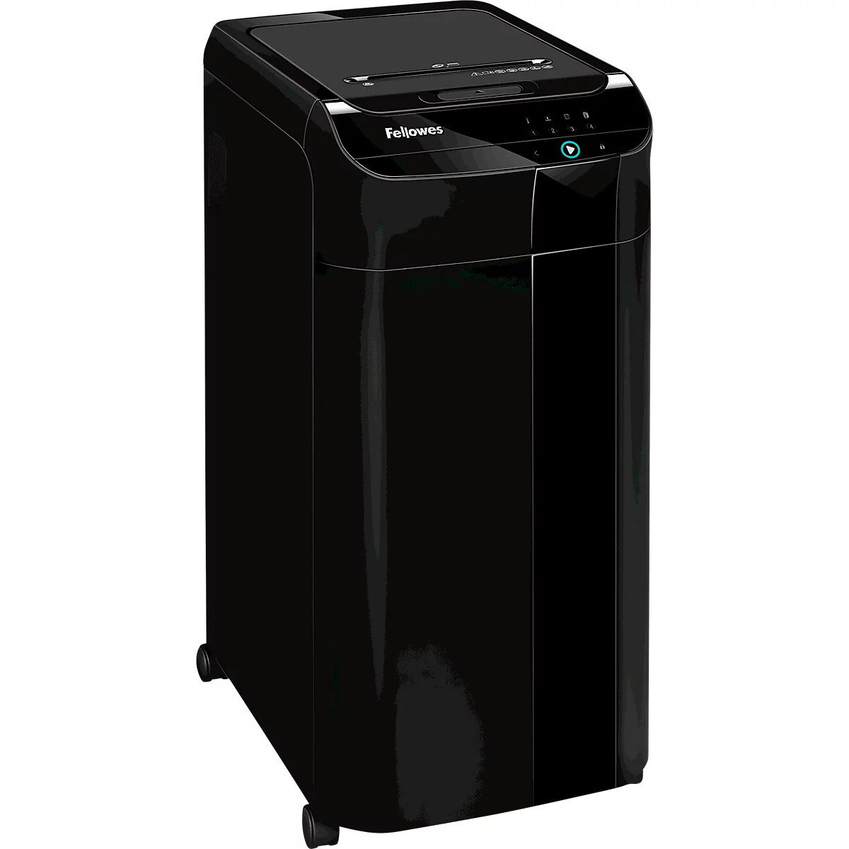 A black paper shredder on wheels. Buttons and a logo are visible on the top.