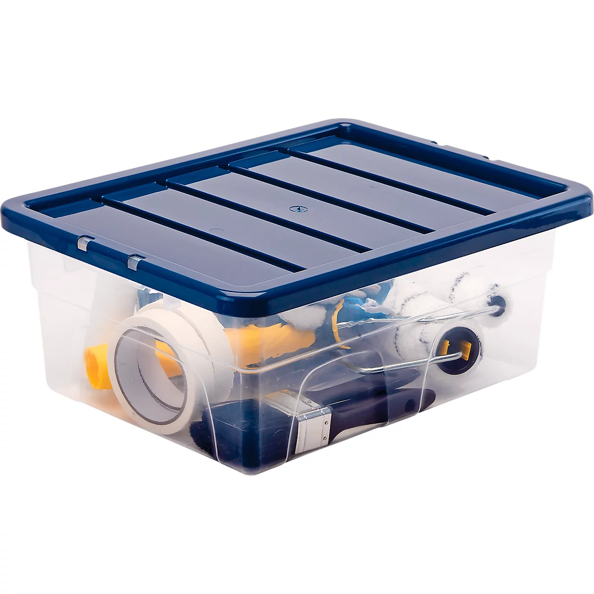 Transparante plastic doos met blauwe deksel, gevuld met schildersbenodigdheden.