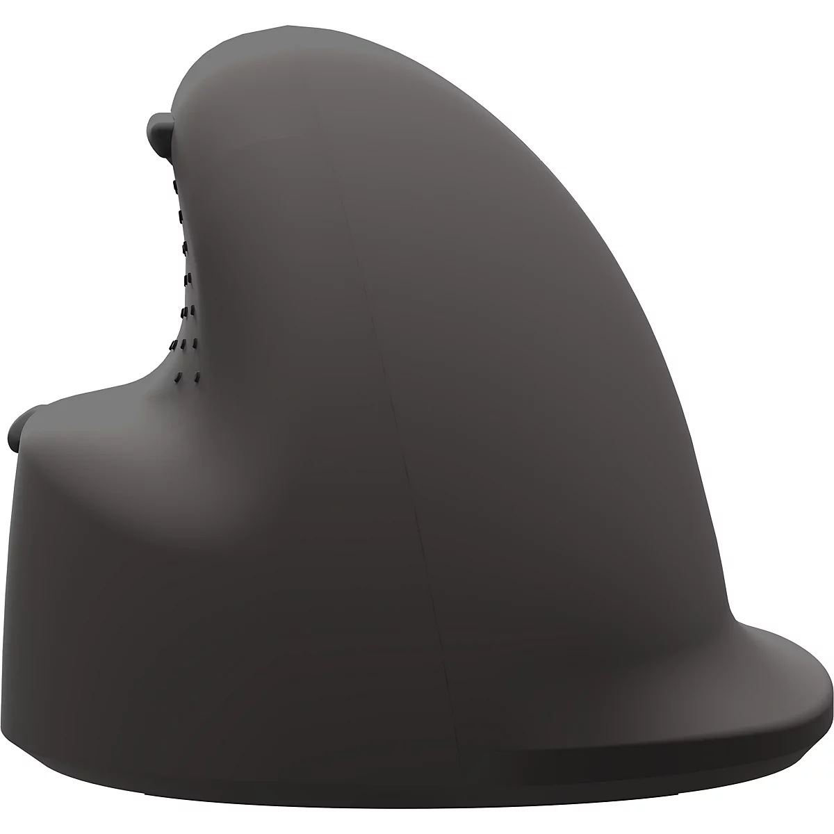 Zwart toetsenbord, polssteun en ergonomische muis op een grijze bureaubladonderlegger, op een lichte houten tafel.