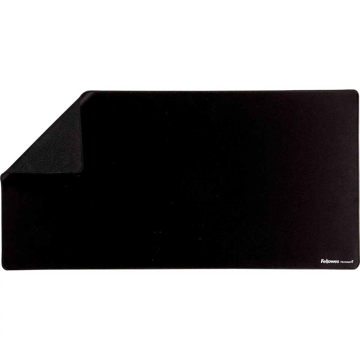 Black, rectangular desk mat with one corner folded up, brand logo in the bottom right.