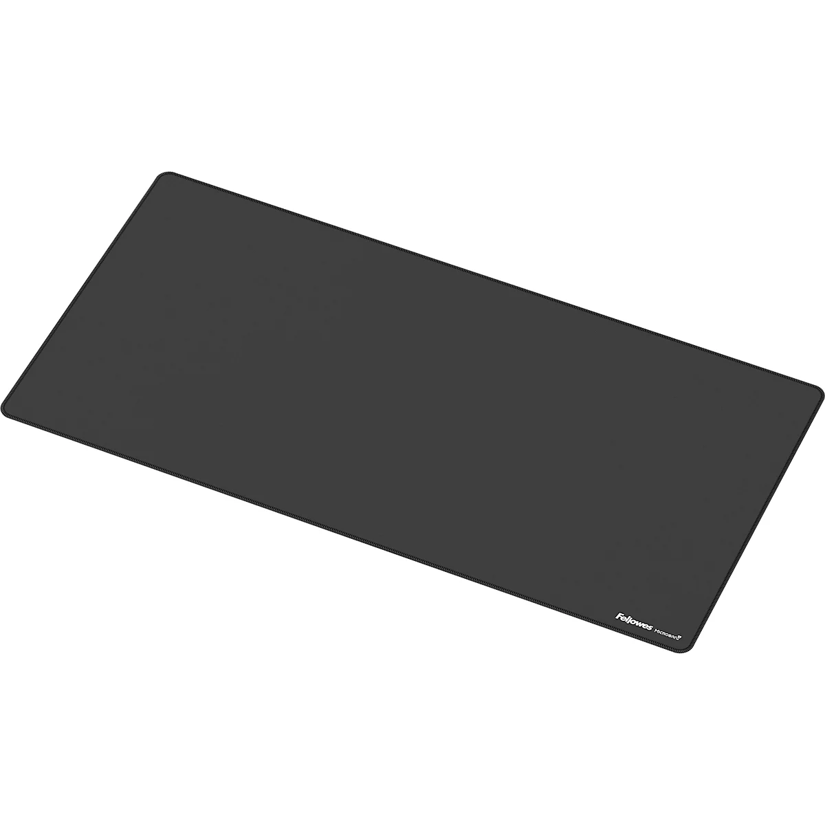 Large, rectangular black mousepad on a white background. Small logo in the bottom right corner.