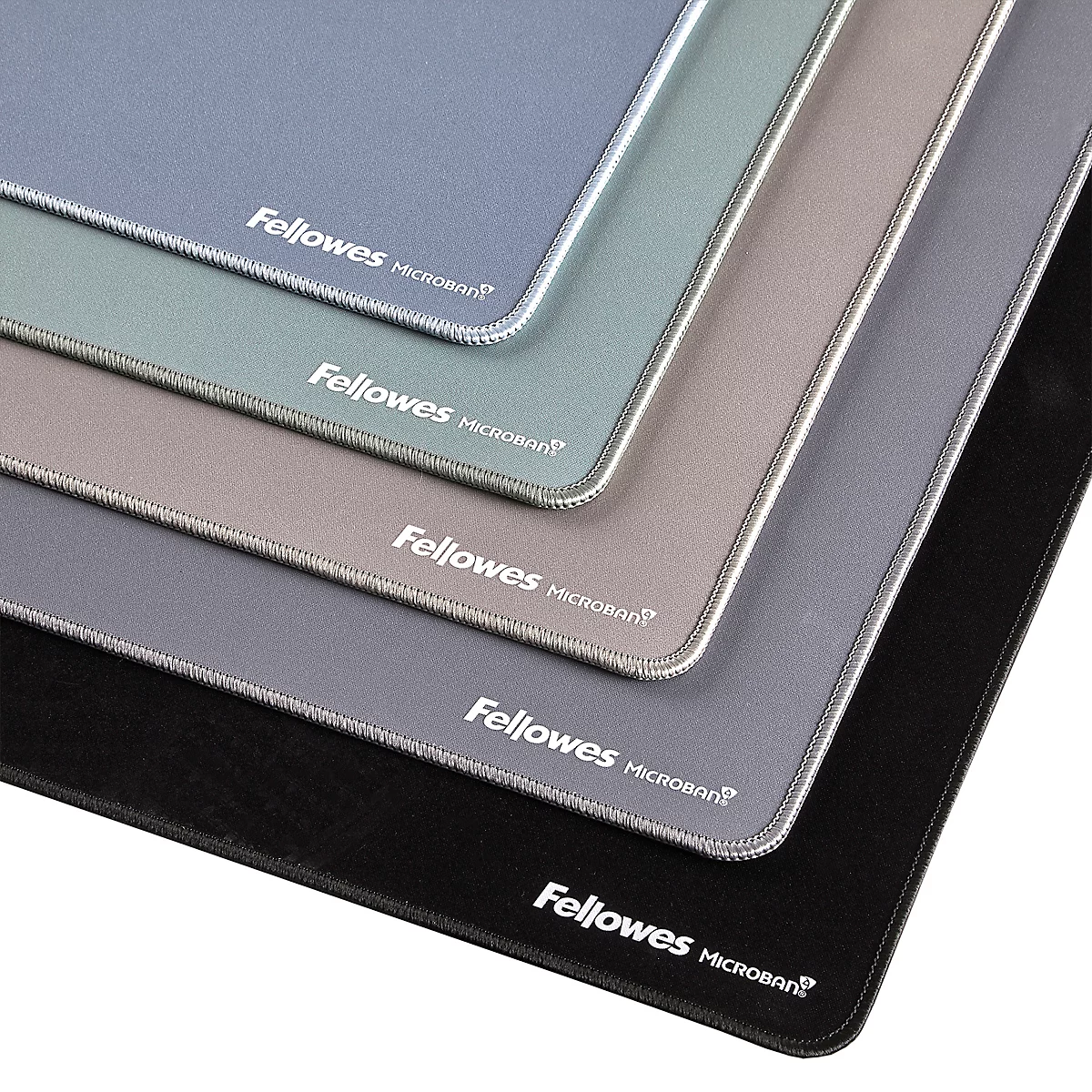 Several mouse pads in different shades of gray are stacked on top of each other, the corners are rounded. The brand name can be seen on each one.