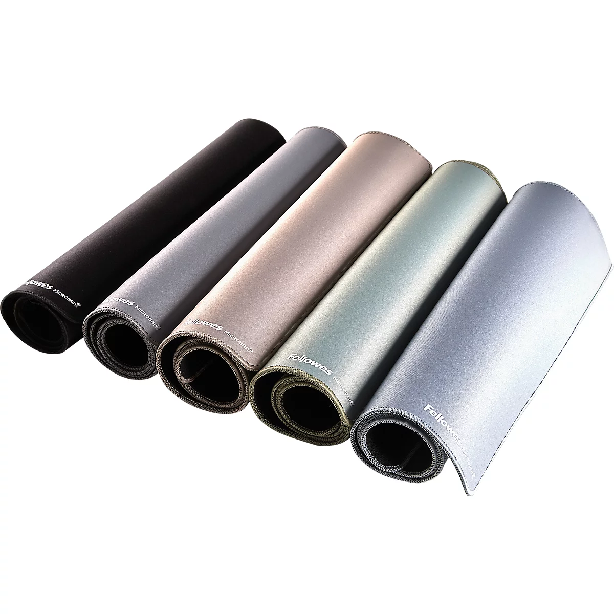 Rolled-up mousepad sets in various colors, including black, gray, and beige.