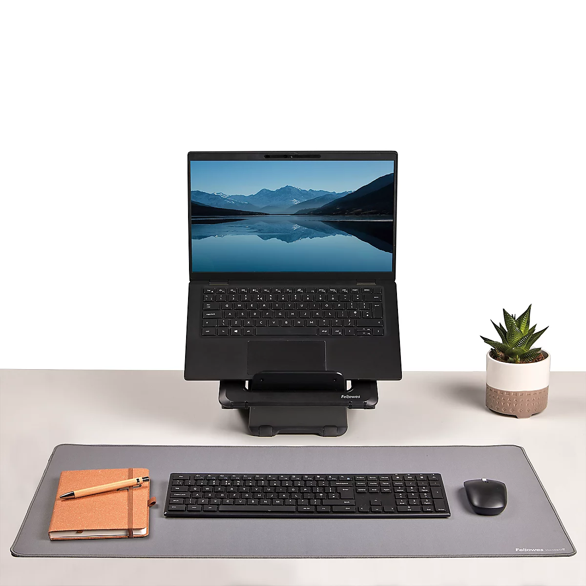 A computer monitor on a riser stand, below a keyboard and mouse, all on a gray mat, a plant beside.