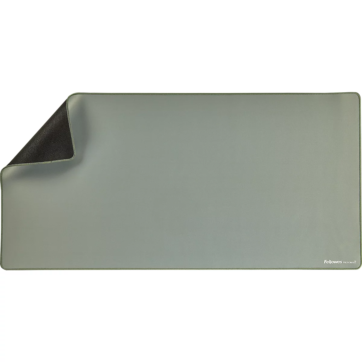 Large, gray mouse pad with a dark, textured underside. The corner is rolled up to show the underside.