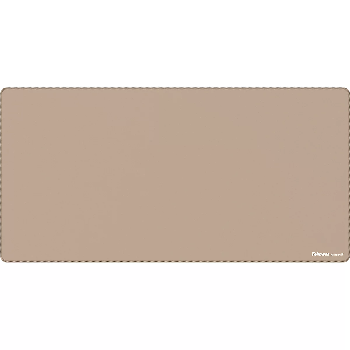 Beige desk mat with rounded corners and company logo.
