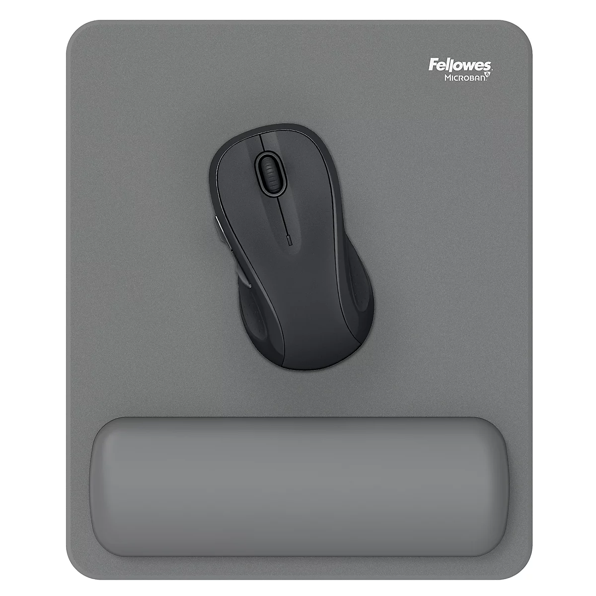 Grijze bureauonderlegger met polssteunen en handpalmsteunen. Een tabletpad maakt het ensemble compleet.