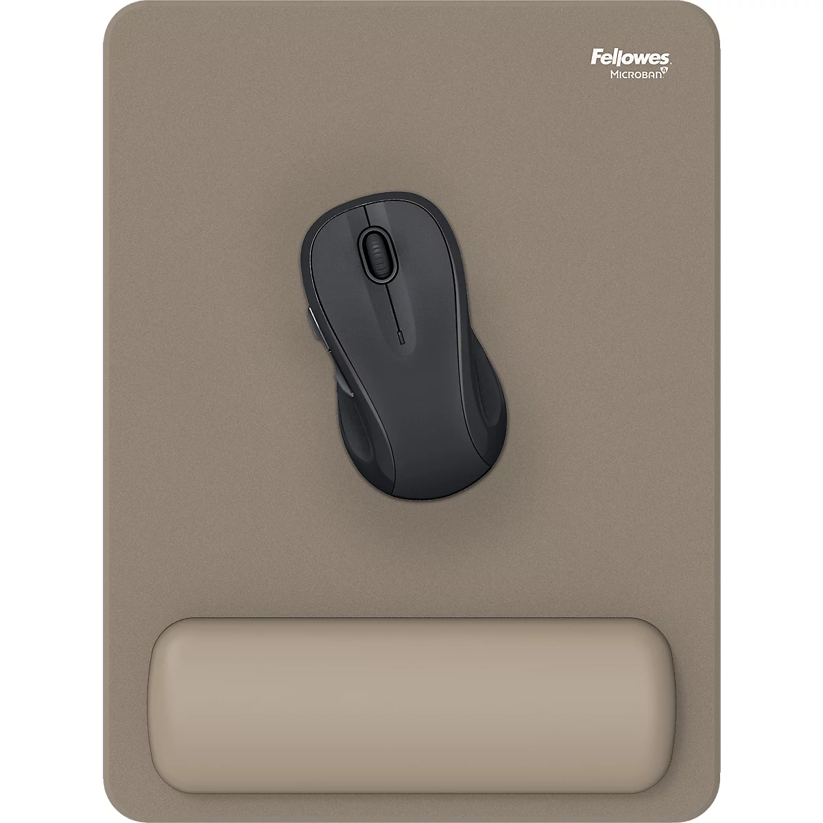 Beige muismat met polssteun. Het "Fellowes" logo staat in de rechterbovenhoek.