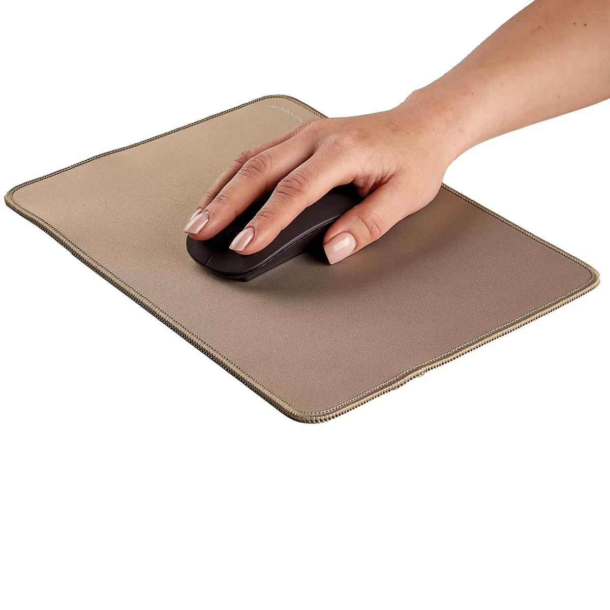 Beige muismat met zwarte muis, witte tekst 'Fellowes Microban'.