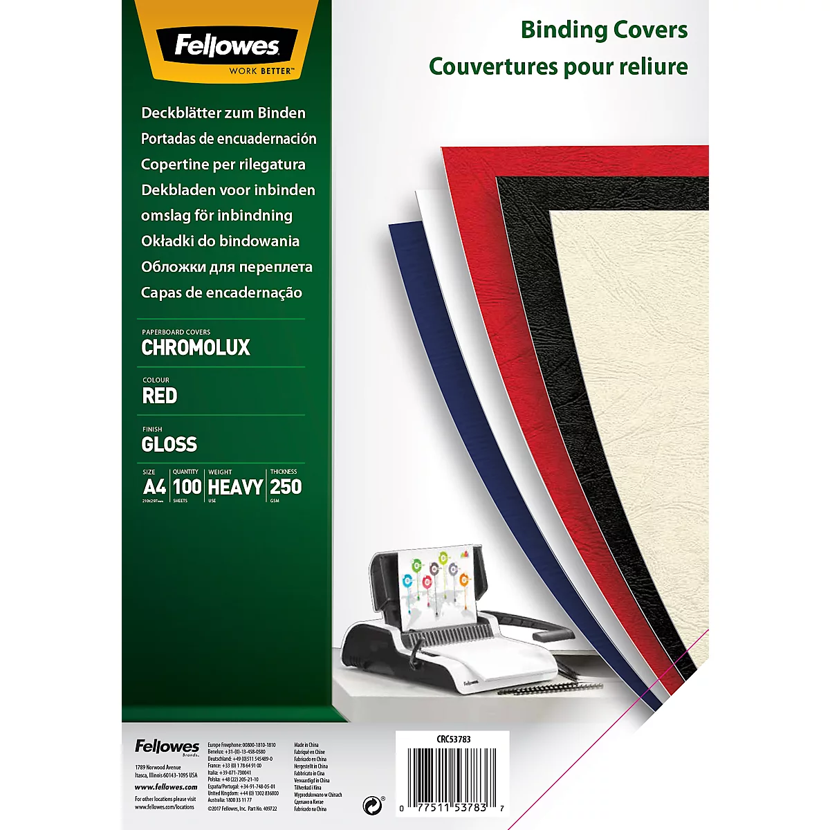 Product catalog with red, black, blue and cream colored binding covers. Below a binding machine. Text: Fellowes.