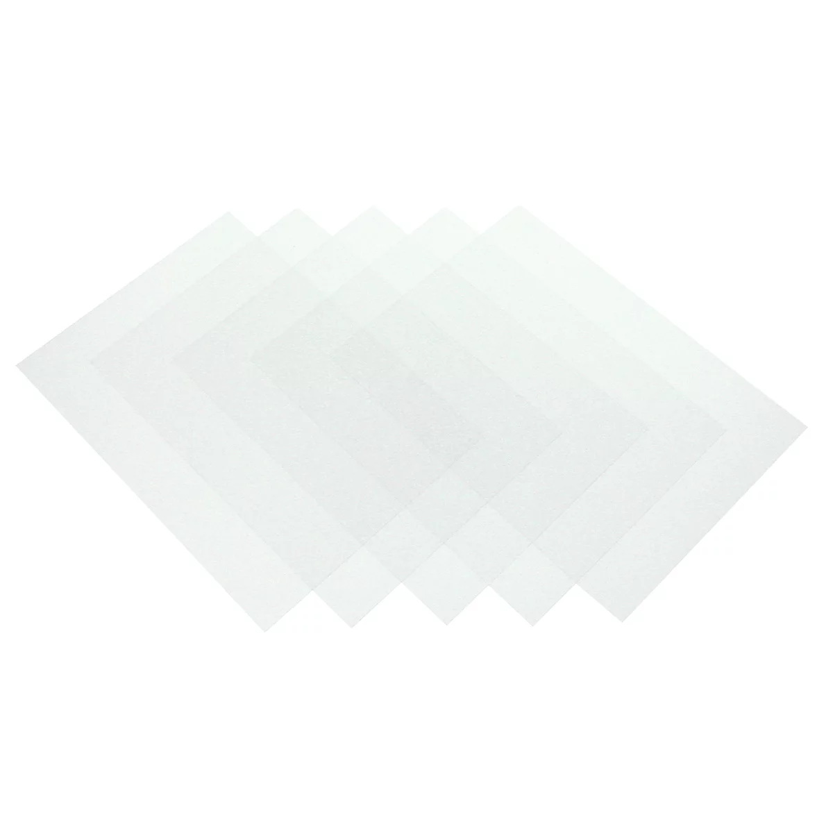 Several transparent, square sheets overlaid, partially translucent. The sheets are white and arranged slightly overlapping.