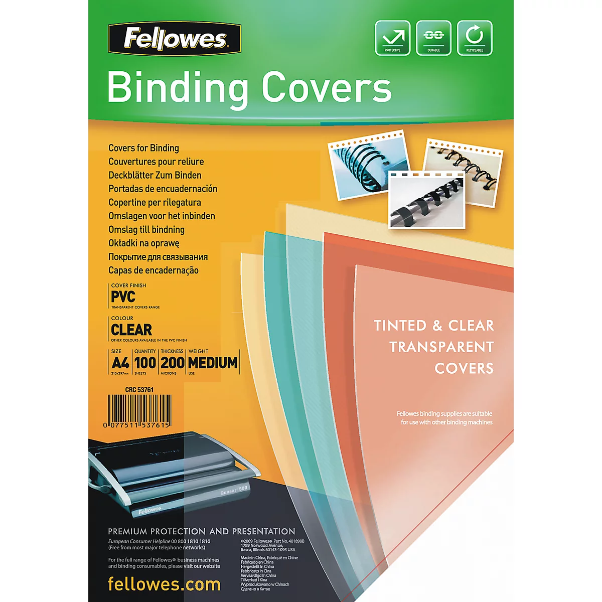 Product catalog of binding covers. Different colors, sizes, and transparent covers are shown. Includes logos and text.