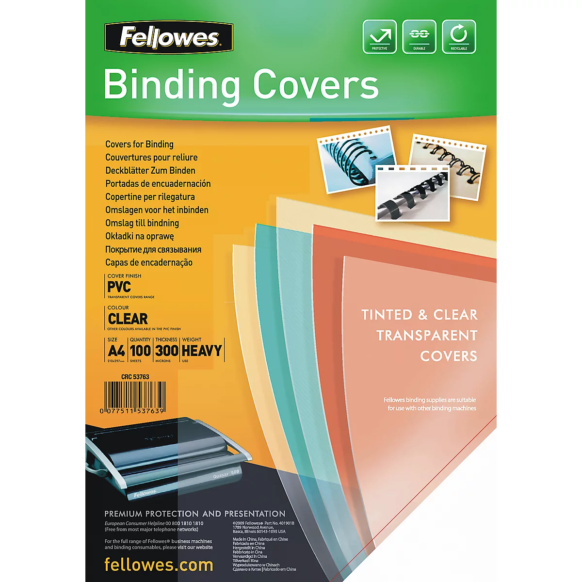 A Fellowes product package, featuring transparent binding covers, including information and product illustrations.