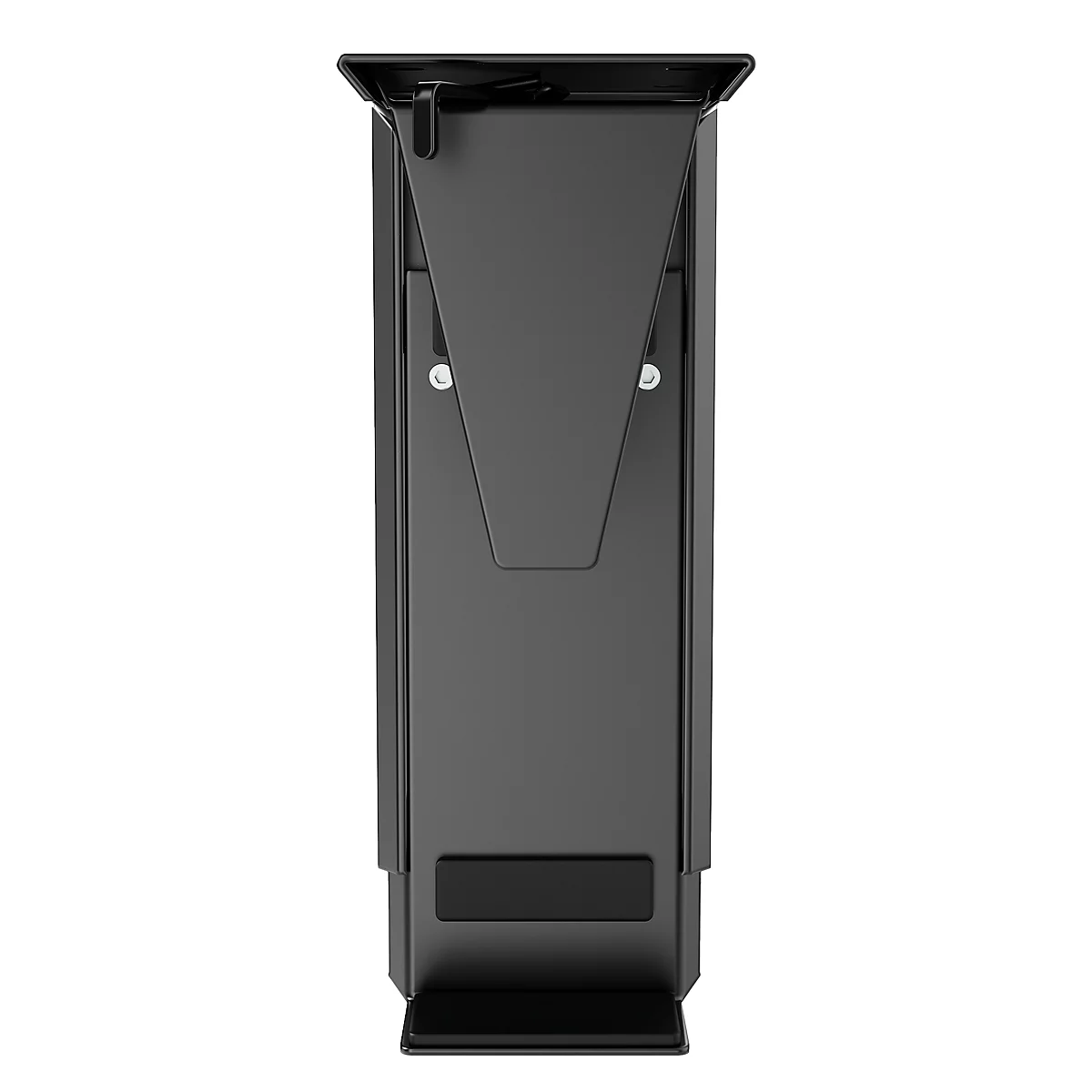 Ein höhenverstellbarer Schreibtisch mit zwei Monitoren. Der Schreibtisch ist hell, mit weißen Beinen und einer schwarzen Kabelbox.