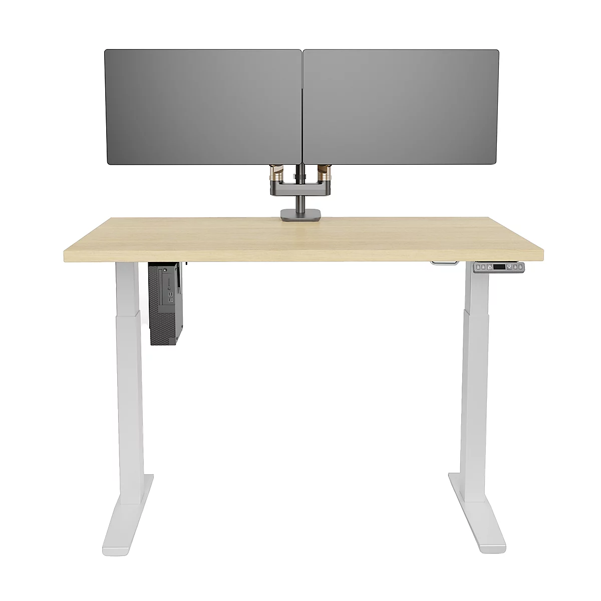 Ein schwarzer Monitorhalter in Seitenansicht. Der Halter hat eine rechteckige Form und Haken zum Einhängen.