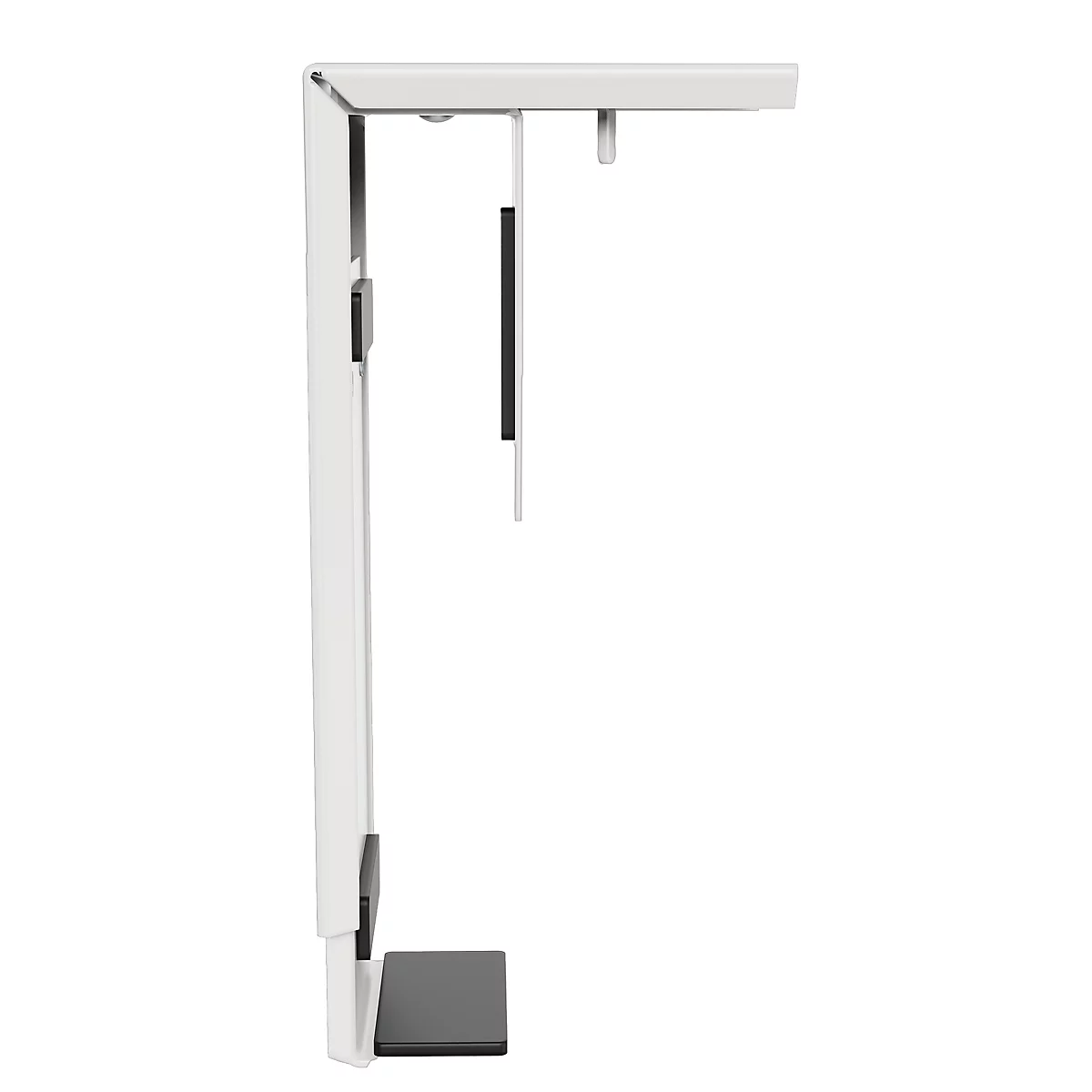 Halterung für einen Monitor, weiß mit schwarzen Akzenten.