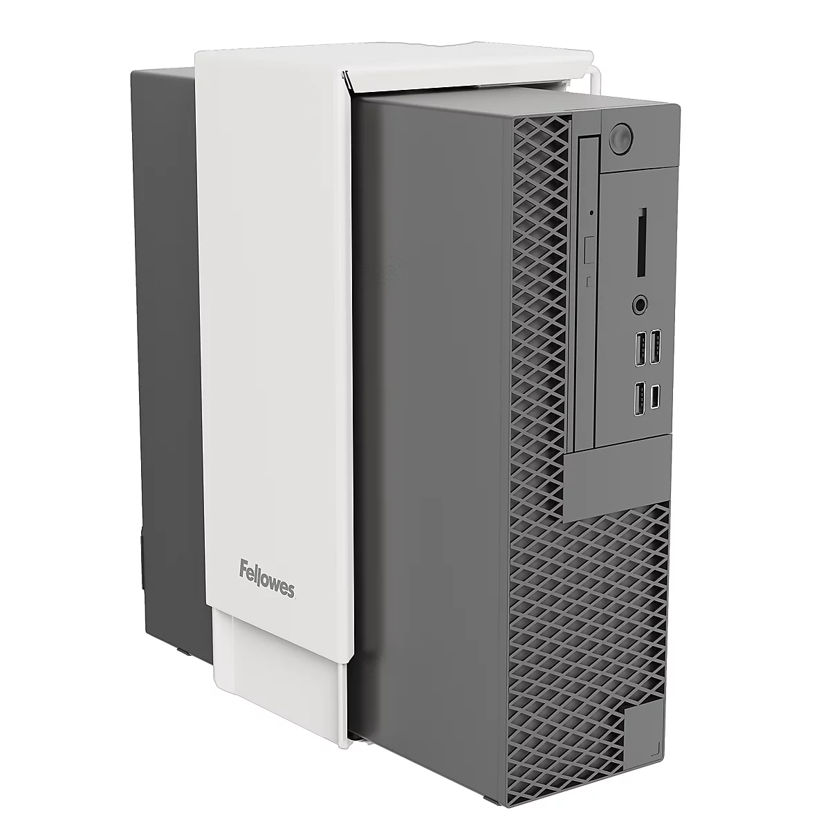 Ein grauer Desktop-PC mit einem weißen Halter, auf dem „Fellowes“ steht.