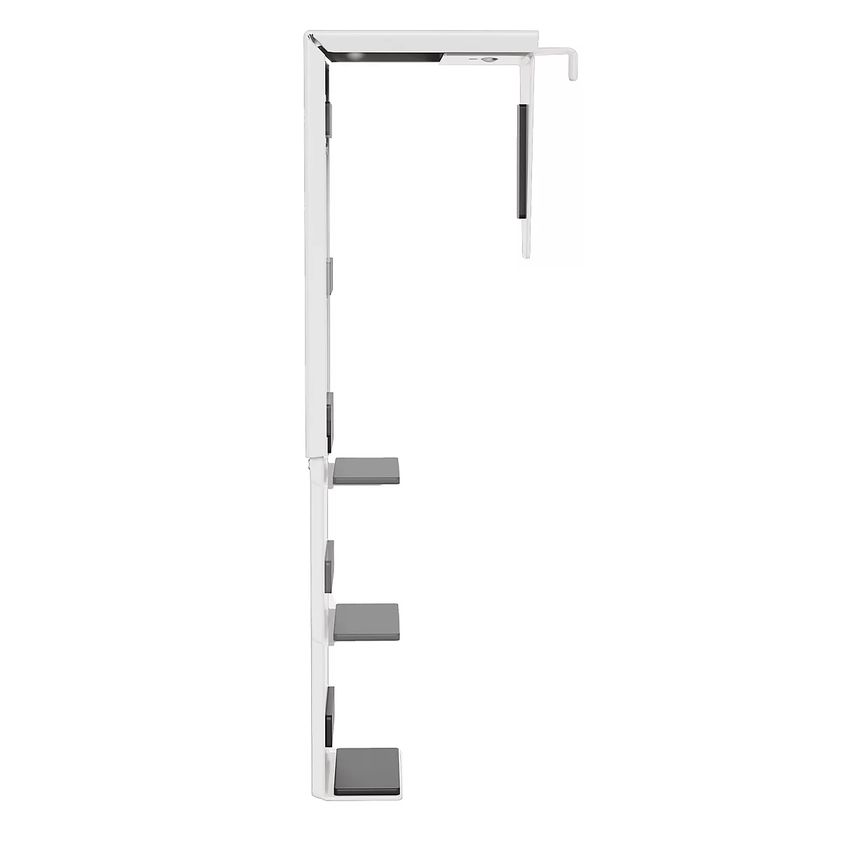 Witte pc-houder met zwarte details. Het product heeft een rechthoekige vorm en een schuine arm.