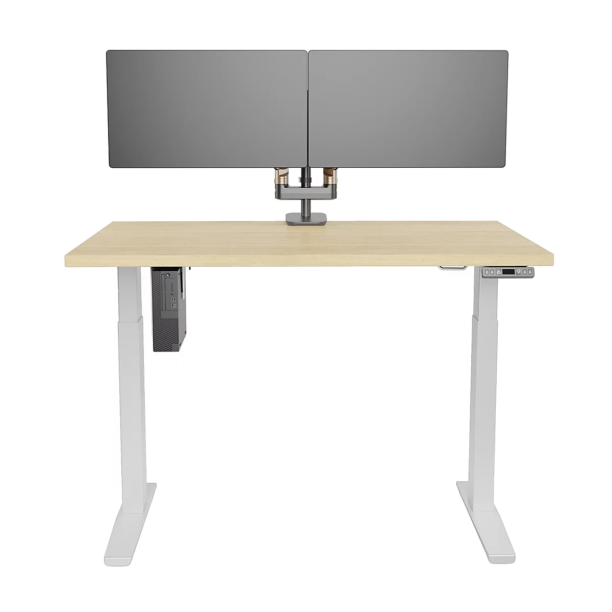 In hoogte verstelbaar bureau met monitor, toetsenbord en muis. Voetsteun, planten en accessoires. Houten lattenwand op de achtergrond.