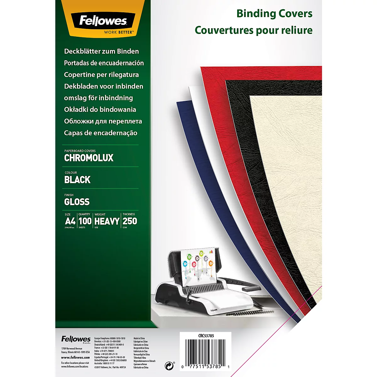 Fellowes dekblad Chromolux, karton, A4, voor draad- en plasticinbindmachines, zwart, 250 g, 100 stuks