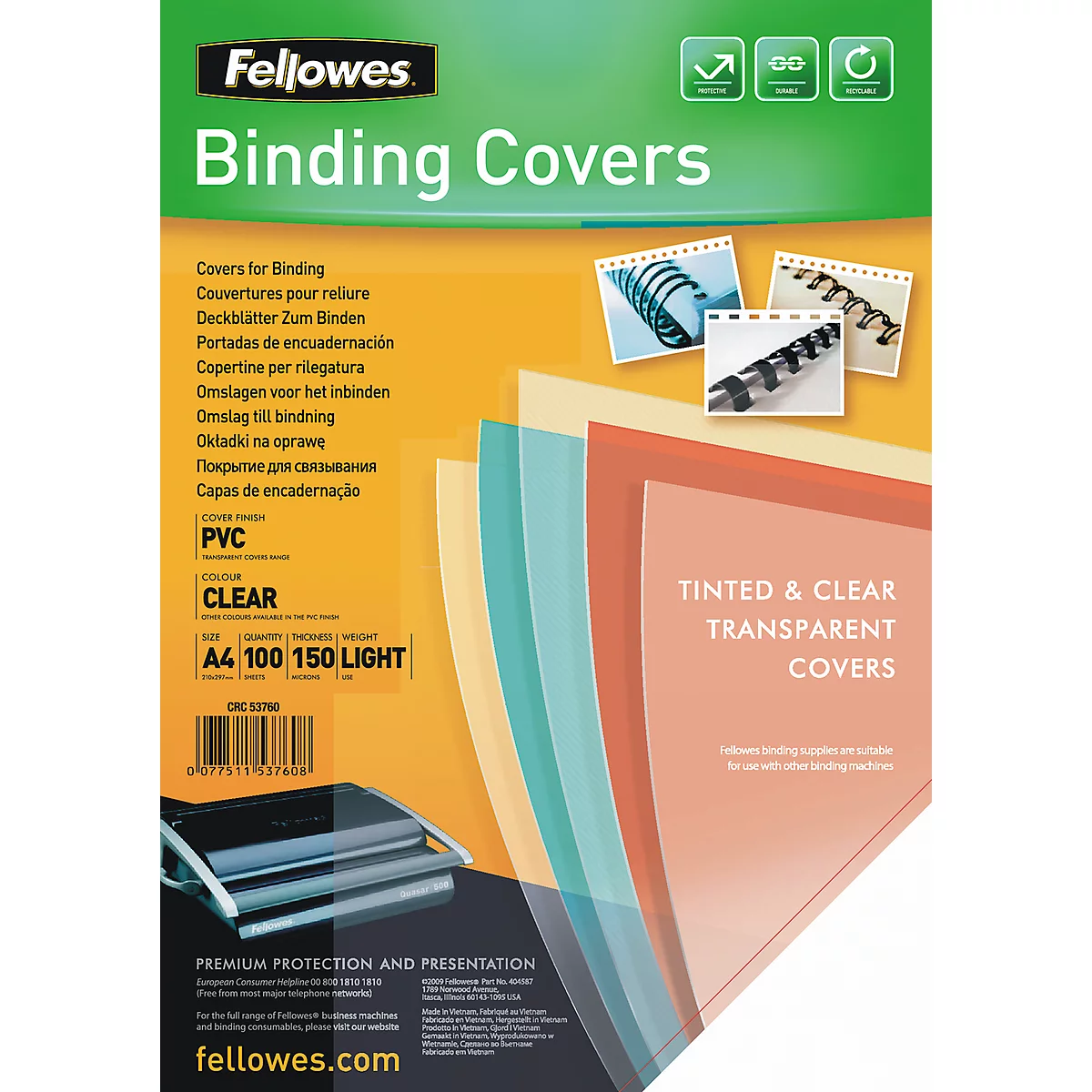 Fellowes dekblad pvc, transparant, A4, voor draad- en plasticinbindmachines, 150 µm, 100
