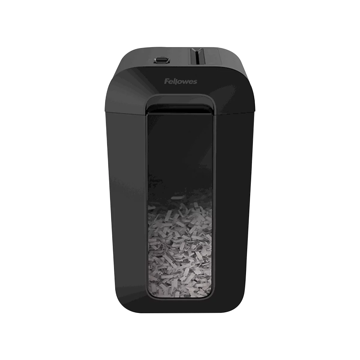 Déchiqueteuse de papier noire remplie de papier déchiqueté. Le nom de la marque Fellowes est inscrit en haut.