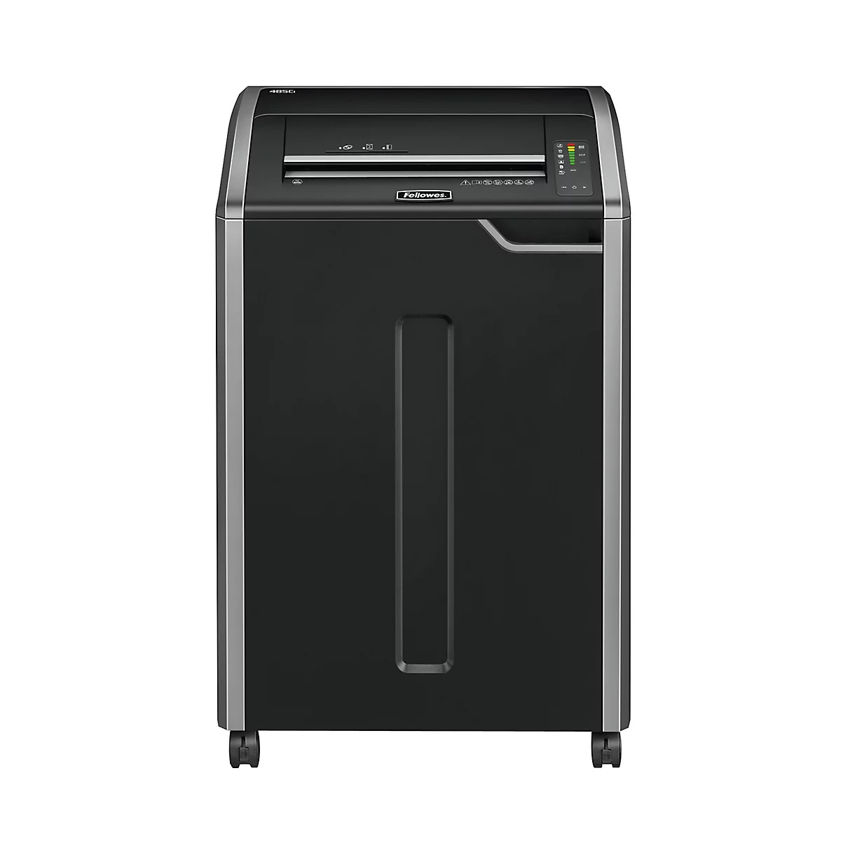 Déchiqueteuse de papier noire avec des accents argentés, des roulettes et un panneau de commande.