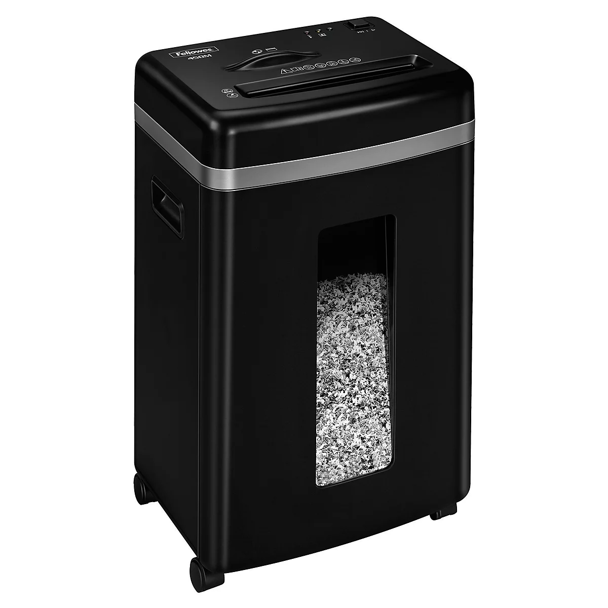 Black paper shredder with paper scraps in the collection container. Input slot on top.