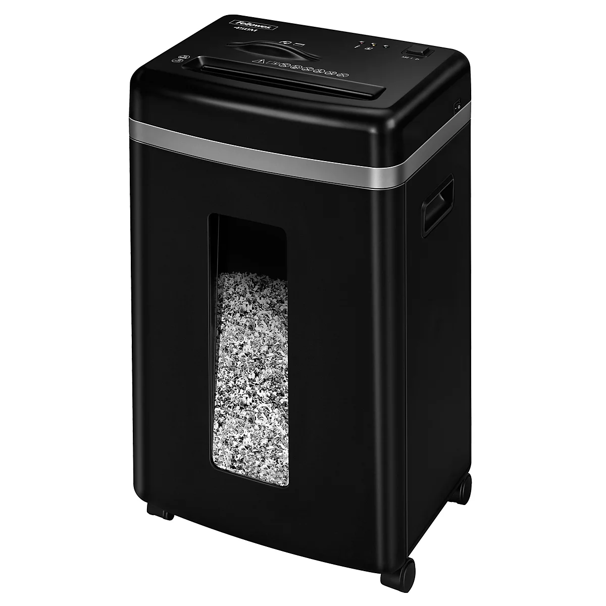 Black paper shredder with a transparent viewing window. Shredded paper visible. Paper entry slot at the top.