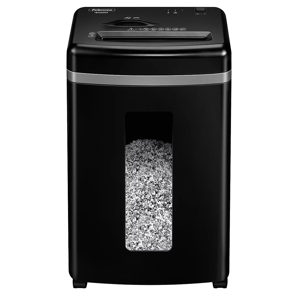 Black paper shredder with visible shredded material. Silver stripe in the middle. Control panel on top.