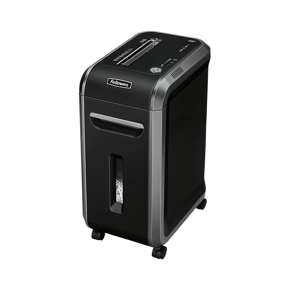 Black Fellowes shredder with wheels, and a viewing window for shredded paper.