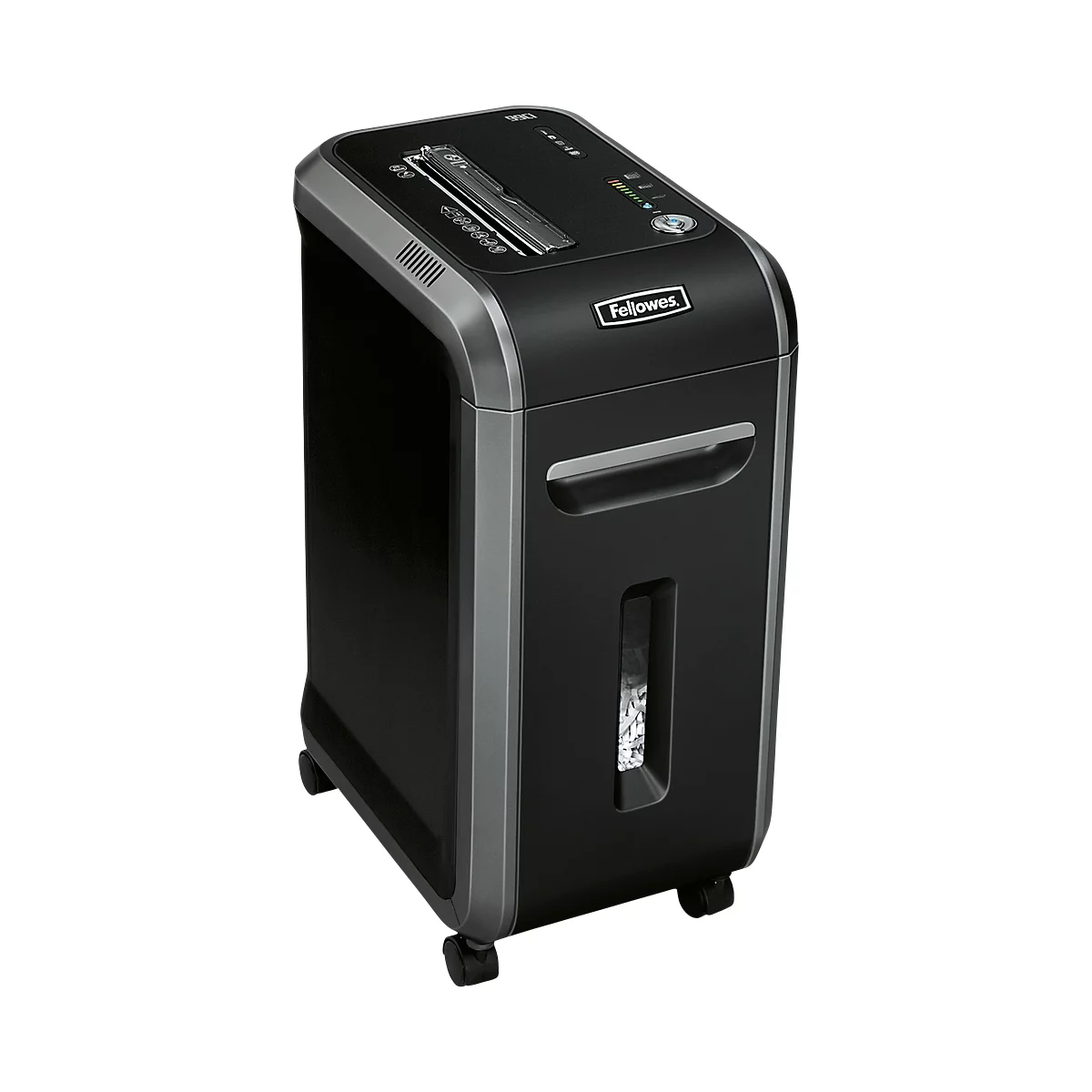 A black shredder with silver accents stands on wheels. The Fellowes logo is visible on the front.