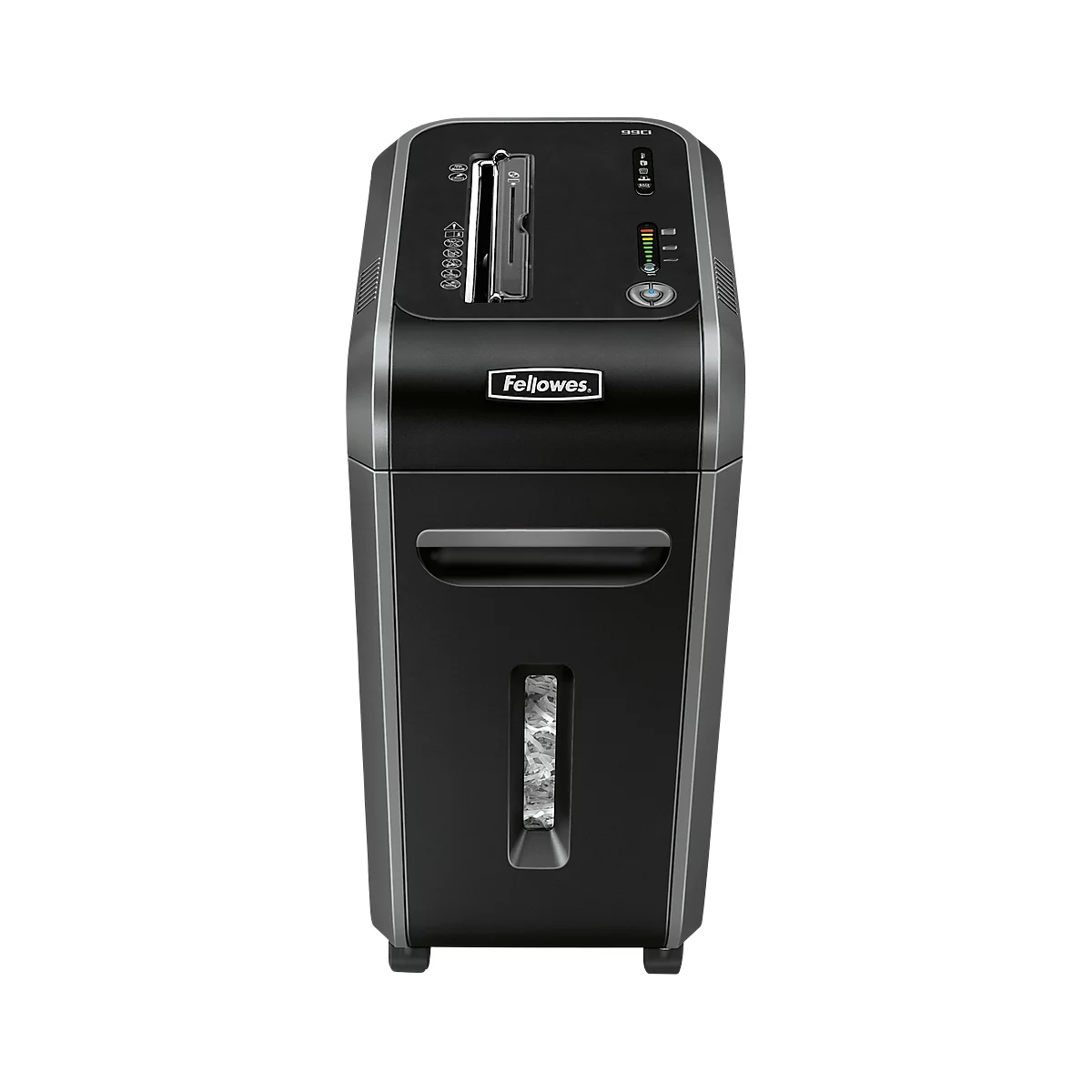 Black Fellowes shredder. Paper feed slot at top, level indicators, and a window showing shredded paper.