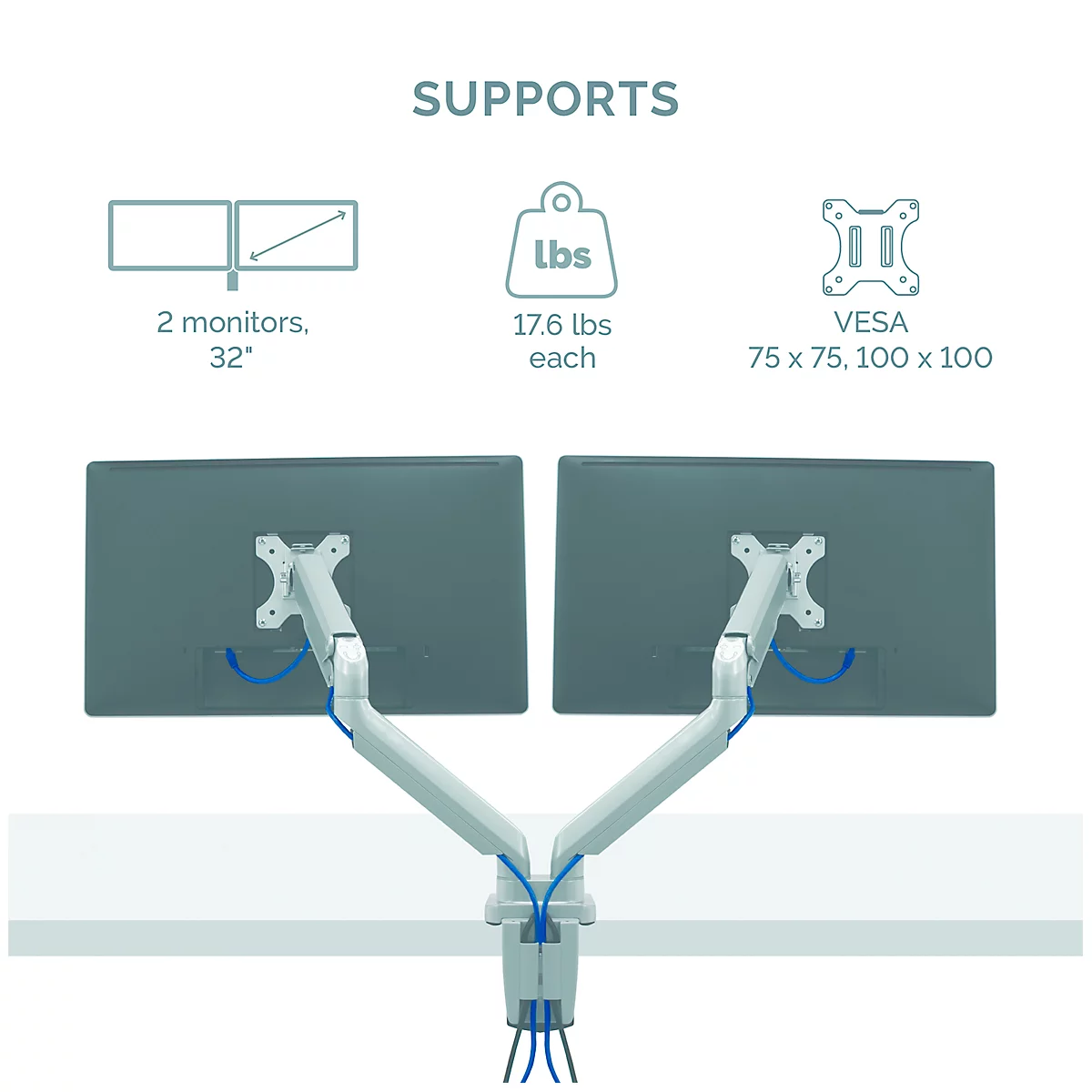 Fellowes Dual Monitor Arm Platinum, pour 2 écrans jusqu'à 32″ &amp; jusqu'à 8 kg, orientable &amp; inclinable, pivotant à 360°, 2 ports USB, gestion des câbles, argenté