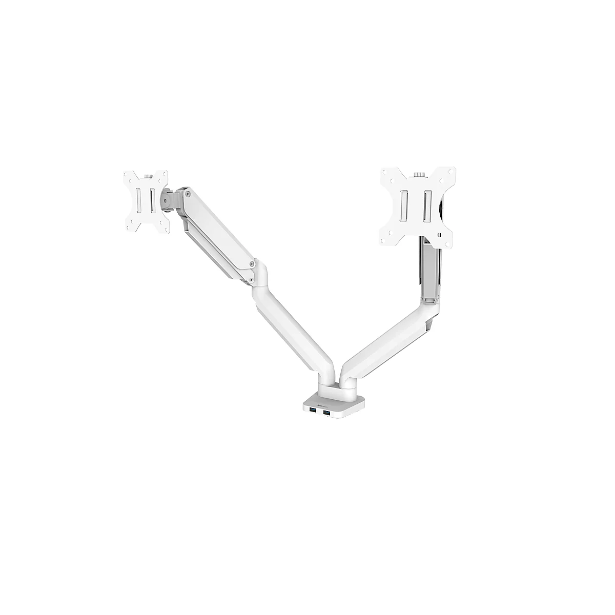 Fellowes Dual Monitor Arm Platinum, pour 2 écrans jusqu'à 32″ &amp; jusqu'à 8 kg, orientable &amp; inclinable, pivotant à 360°, 2 ports USB, gestion des câbles, blanc