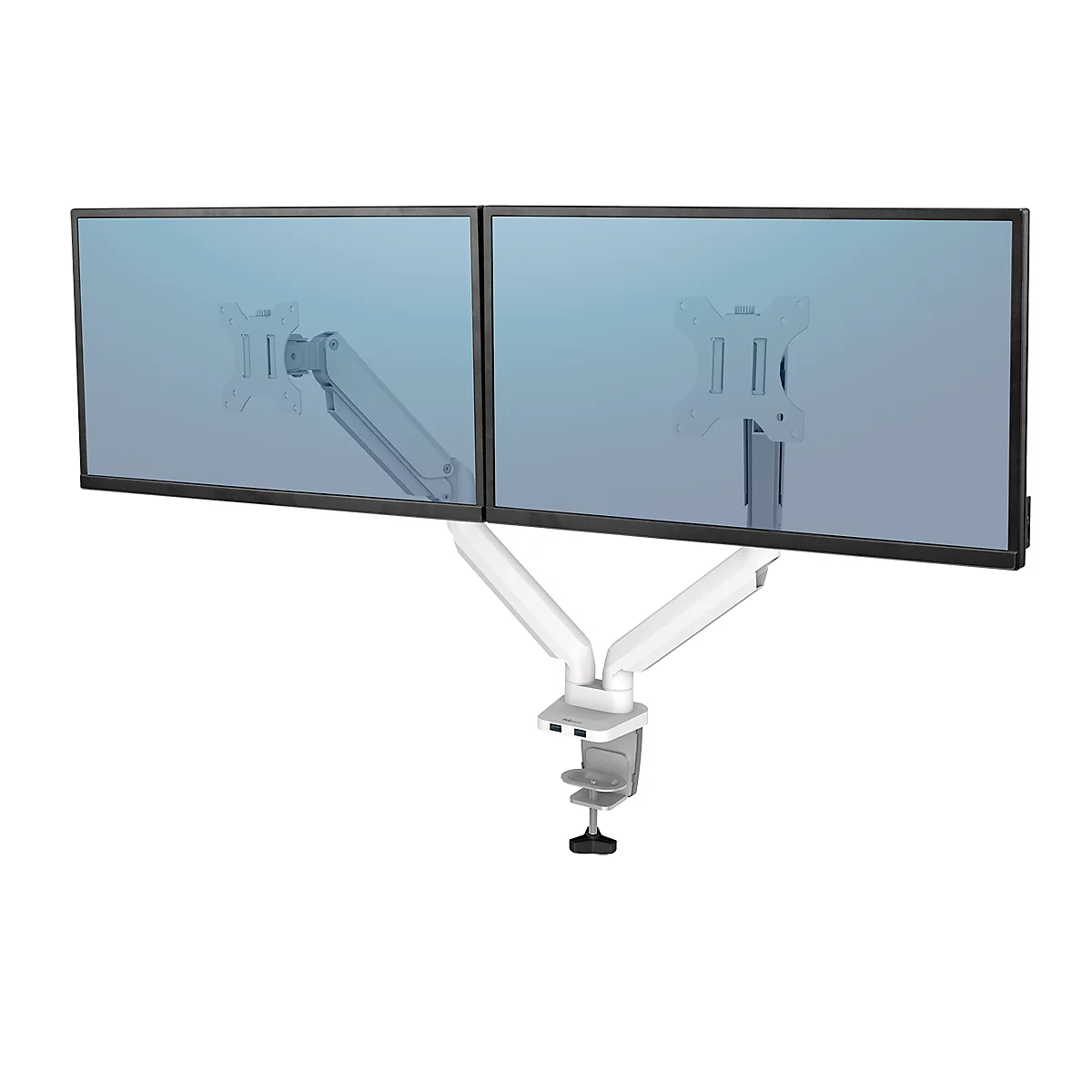 Fellowes Dual Monitor Arm Platinum, pour 2 écrans jusqu'à 32″ &amp; jusqu'à 8 kg, orientable &amp; inclinable, pivotant à 360°, 2 ports USB, gestion des câbles, blanc
