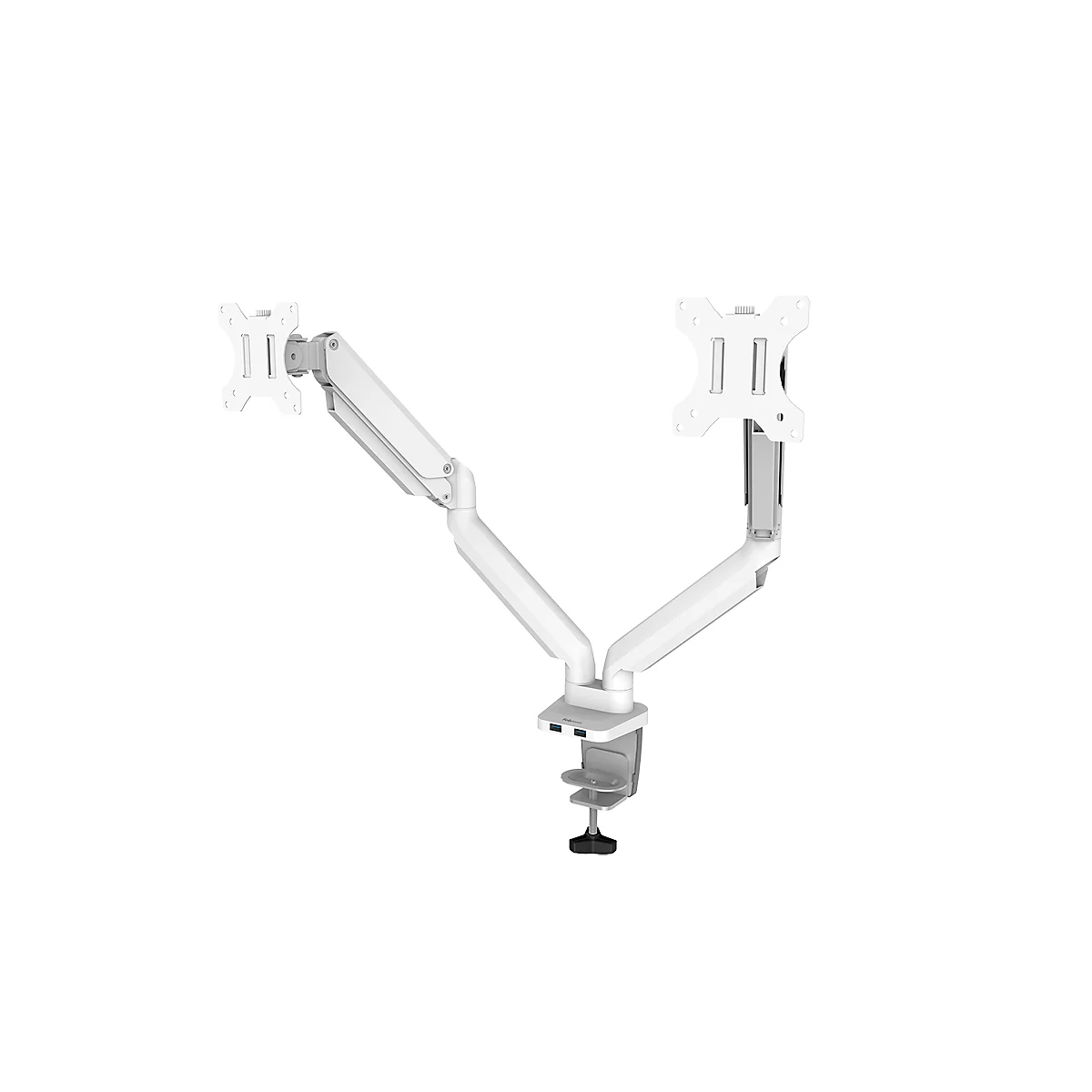 Fellowes Dual Monitor Arm Platinum, pour 2 écrans jusqu'à 32″ &amp; jusqu'à 8 kg, orientable &amp; inclinable, pivotant à 360°, 2 ports USB, gestion des câbles, blanc