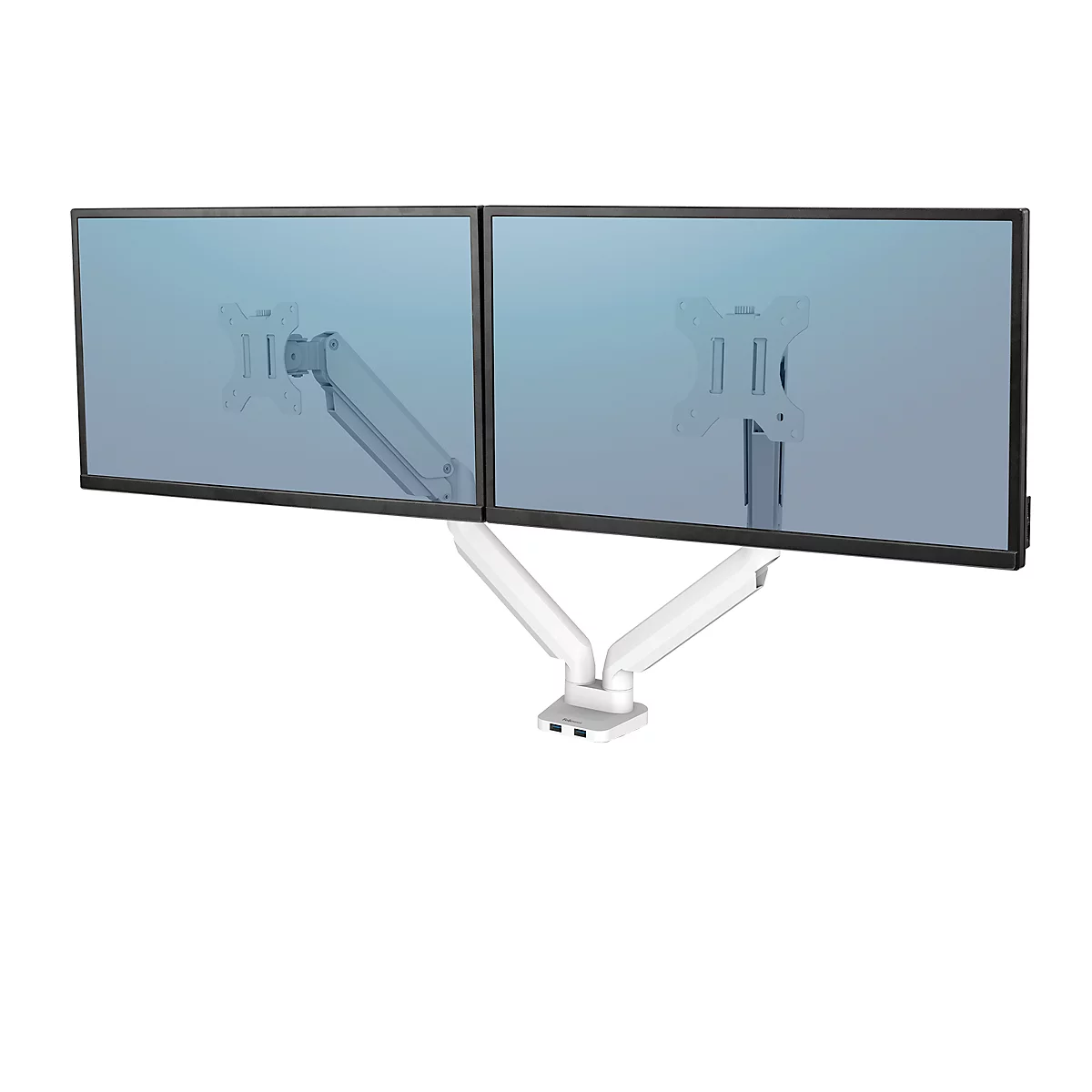 Fellowes Dual Monitor Arm Platinum, pour 2 écrans jusqu'à 32″ &amp; jusqu'à 8 kg, orientable &amp; inclinable, pivotant à 360°, 2 ports USB, gestion des câbles, blanc
